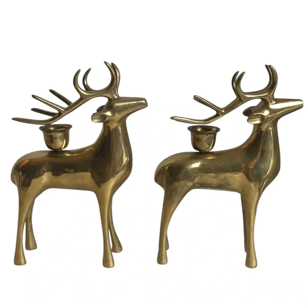 Pottery Barn Brass Reindeer Candle Holders 8” Vintage Christmas Taper Pair
